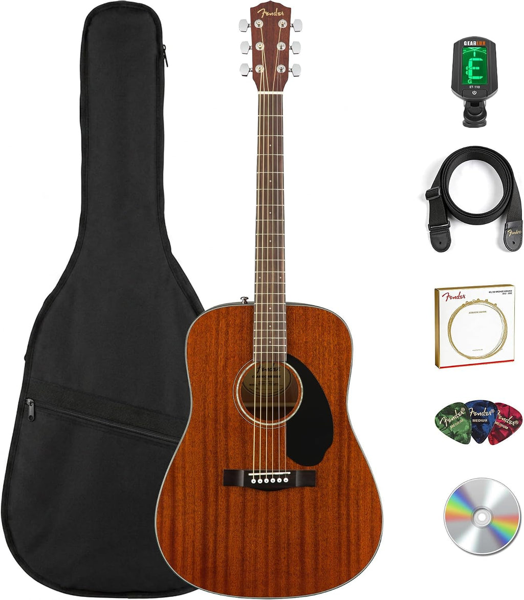 Fender CD-60S Solid Top Dreadnought Acoustic Guitar - All Mahogany Bundle with Gig Bag, Tuner, Strap, Strings, Picks, and Austin Bazaar Instructional DVD