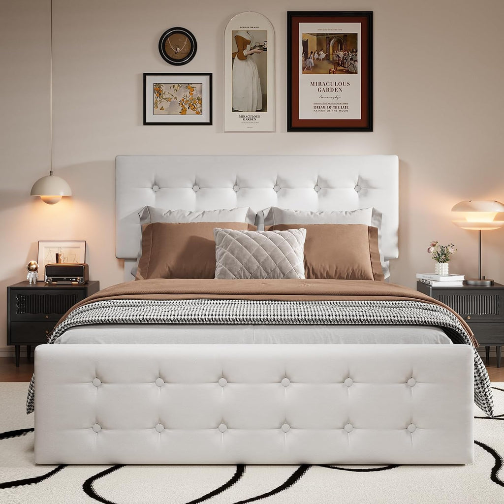 Full Size Platform Bed Frame with 4 Storage Drawers & Headboard, Faux Leather Upholstered, Button Tufted Design, Wooden Slats Support, Noise-Free Mattress Foundation, No Box Spring Needed, Beige
