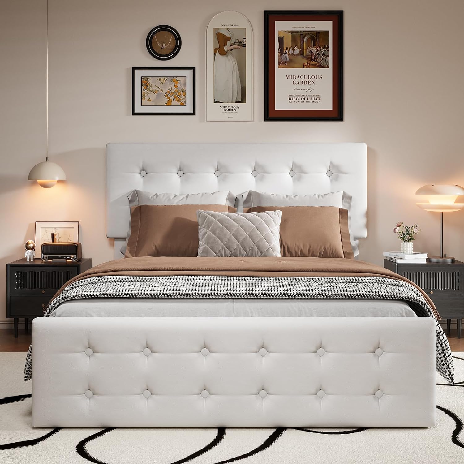Full Size Platform Bed Frame with 4 Storage Drawers & Headboard, Faux Leather Upholstered, Button Tufted Design, Wooden Slats Support, Noise-Free Mattress Foundation, No Box Spring Needed, Beige