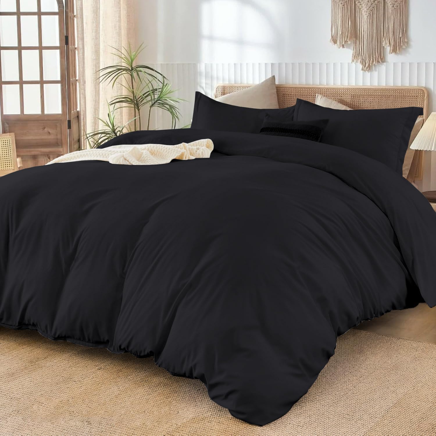800TC 3 Sided Zipper Duvet Cover Set Soft Egyptian Cotton 3 Sided Zipper Closure, 3 PCS 1-Duvet Cover & 2- Pillow Shams - King-XL Size (98' x 116') Inches, (Solid Black)