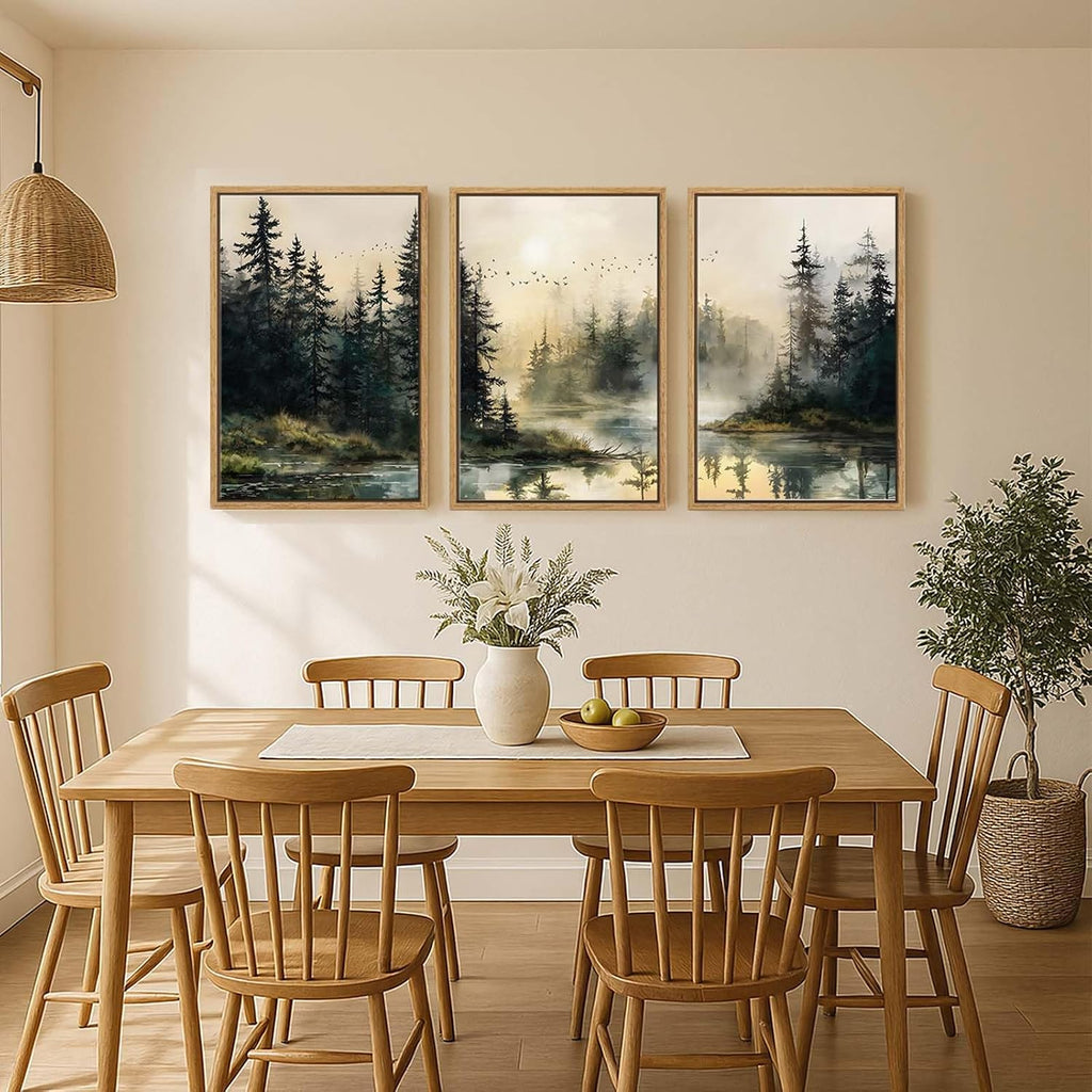 Framed Forest Landscape Wall Art for Living Room, Large 3 Piece Misty Pine Tree Nature Scenic Artwork for Walls, Rustic Woodland Sunset Canvas Painting Prints for Office Bedroom Wall Decor, 24x36 Inch