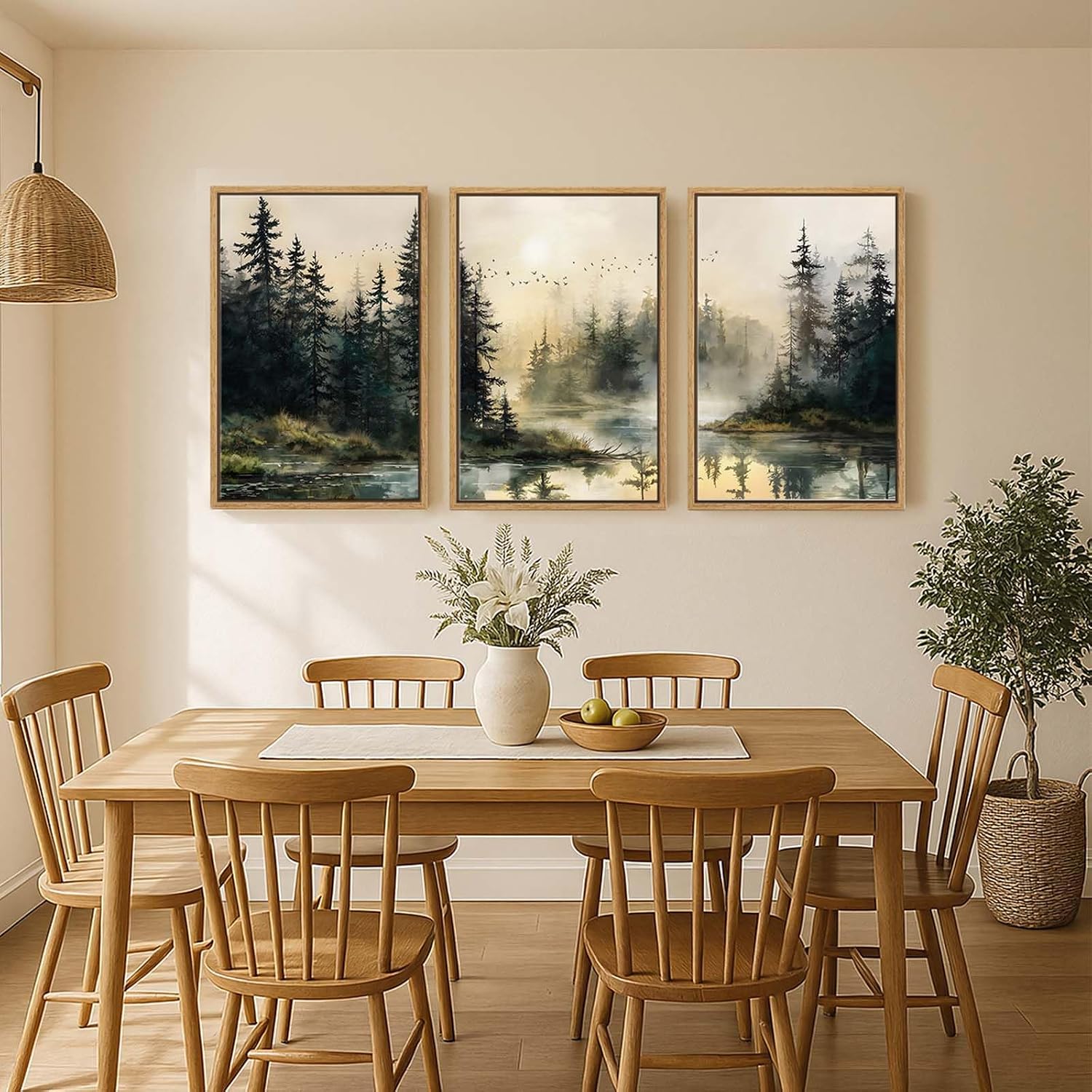 Framed Forest Landscape Wall Art for Living Room, Large 3 Piece Misty Pine Tree Nature Scenic Artwork for Walls, Rustic Woodland Sunset Canvas Painting Prints for Office Bedroom Wall Decor, 24x36 Inch