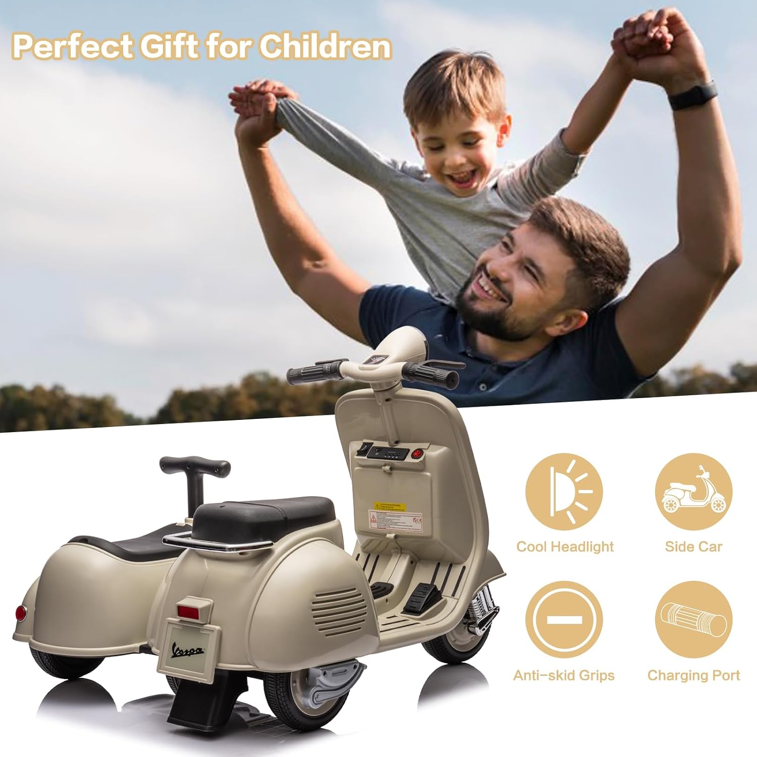 Licensed Vespa Ride on Toys, Motorcycle with Side Car & Speaker | Motorcycle 3 Wheeler 2 Seater Car Rechargeable with Music Player, Headlight, USB Plug, Forward, Backward, Beige