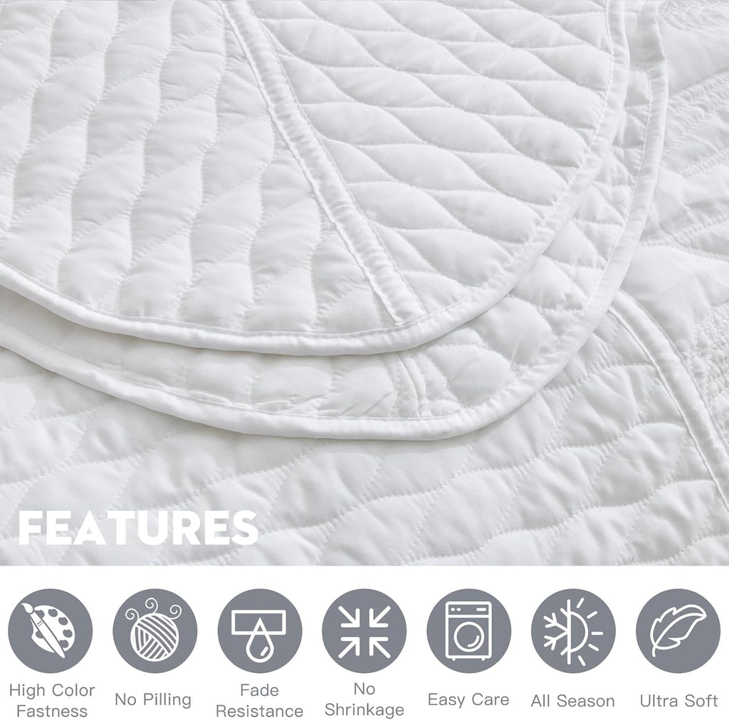 DaisyHuang Botanical Oversized Bedspread Queen Size - Leaves Pattern Stitching Quilt Set - Elegant & Fresh Style Bedding Coverlets, Reversible, Lightweight, 5 Piece, White
