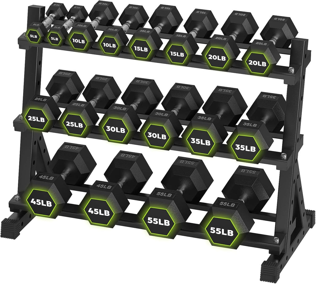 HANDBODE Hex Dumbbell Set with Rack, 300-840 lb Rubber Coated Fixed Weights Sets with Heavy Duty Storage Stand, Hexagon Shape, Multiple Weight Options Home Gym Equipment for Strength Training