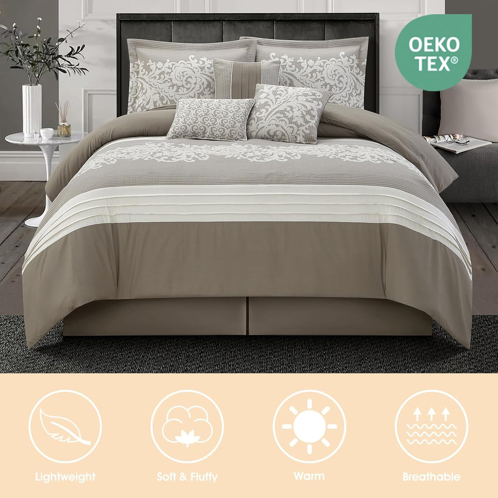 LANCO MODERN LIFESTYLE Taupe Comforter Set, King, Damask Jacquard with Matching Solid Piece Work, 7 Piece Soft Bedding Set for All Season, Bed Skirt, Pillow Shams and Decorative Pillows