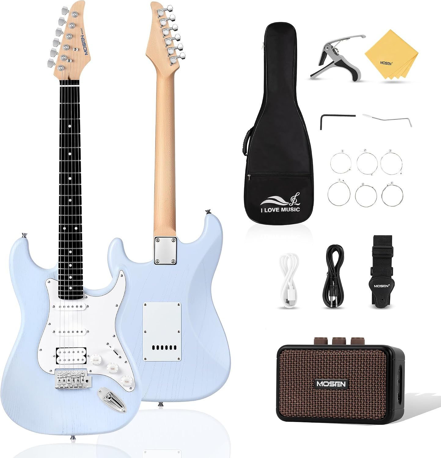 Mosen 39 Inch Electric Guitar with HSS Pickups & Single-Coil Tremolo System - with 5W Amp, Techwood Fingerboard, C-Shaped Satin Neck, All Accessories Included Gig Bag, Tuner, String, Capo, Strap
