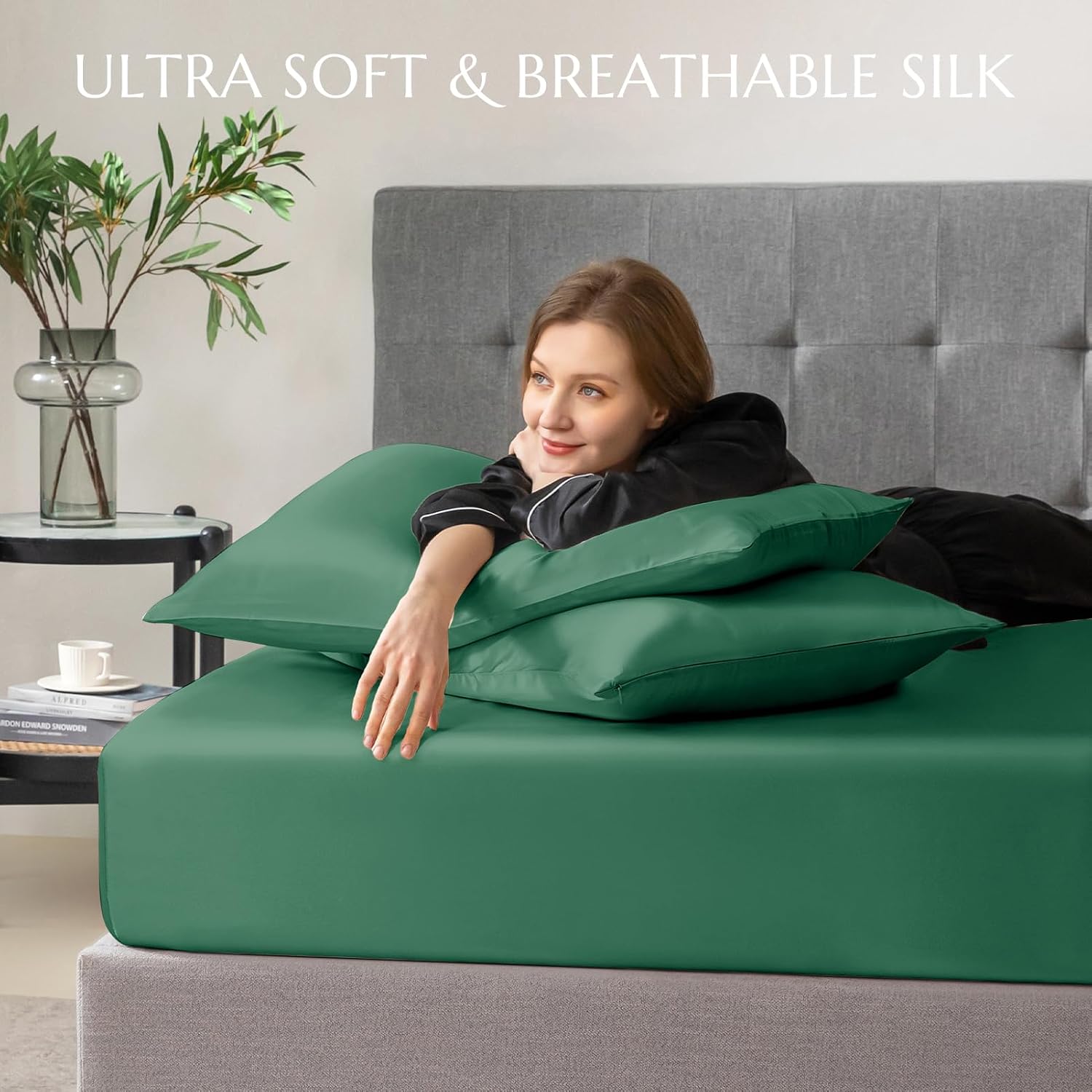 THXSILK 100% Mulberry Silk Fitted Sheet Set, 7A+ Silk 3 Pieces Bed Sheets, Breathable, Smooth, 16 Inch Deep Pocket Fitted Sheet, 2 Pillowcases - Emerald Green, Queen