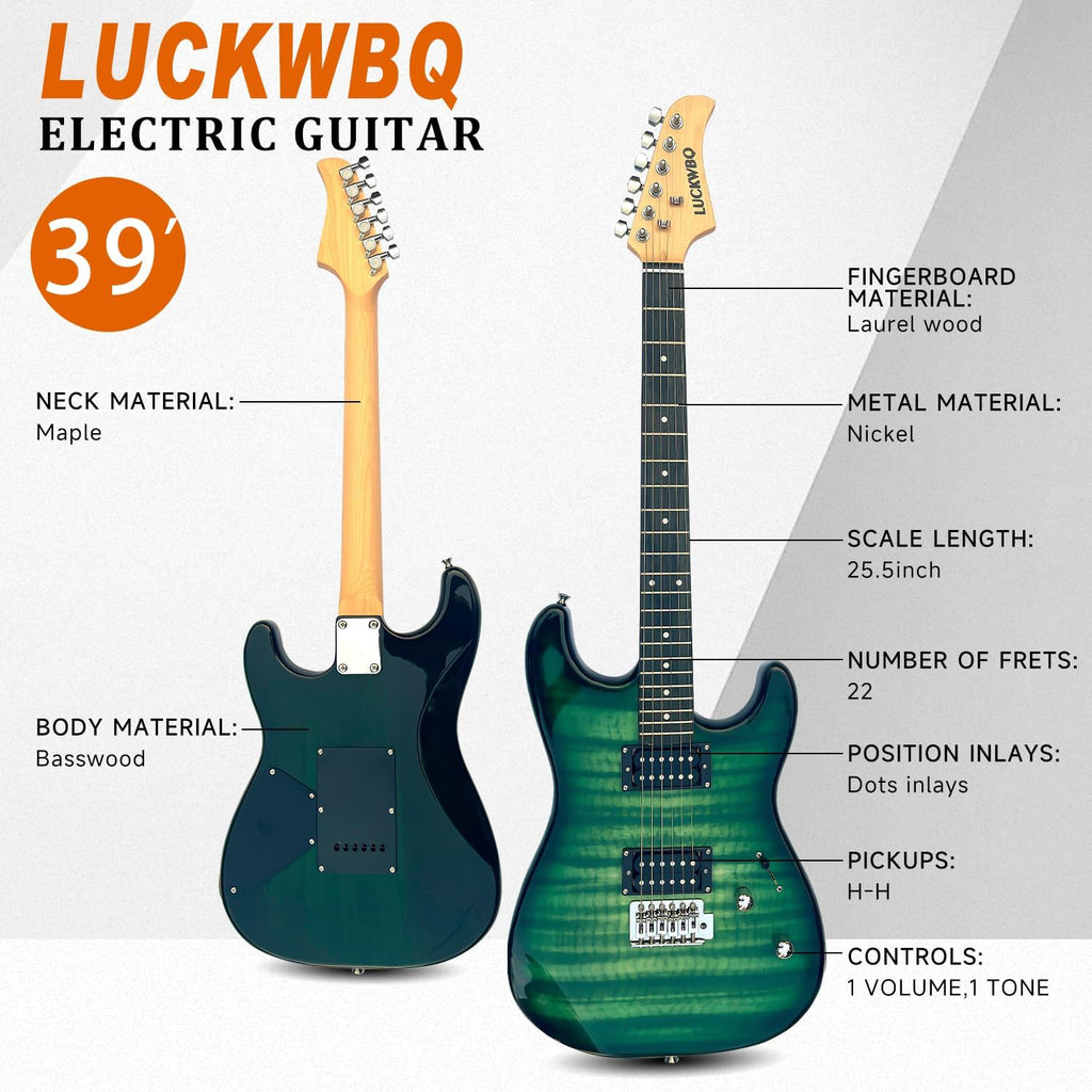 39' Full Size ST Style Electric Guitar Starter Kit with HH Pickup, 20W Portable Amp, Tuner, Gig Bag, Strap & Accessories(Green Flame)