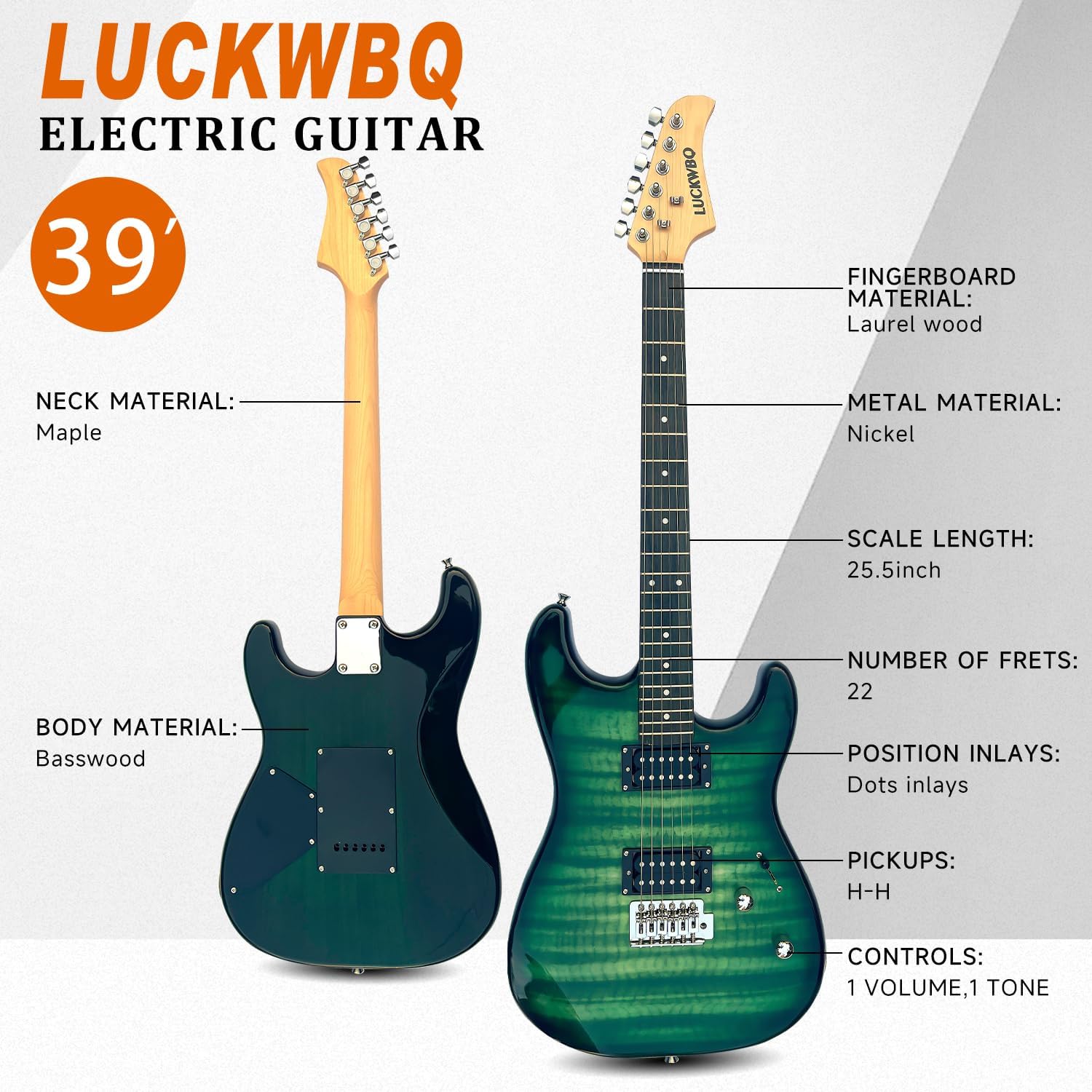 39' Full Size ST Style Electric Guitar Starter Kit with HH Pickup, 20W Portable Amp, Tuner, Gig Bag, Strap & Accessories(Green Flame)