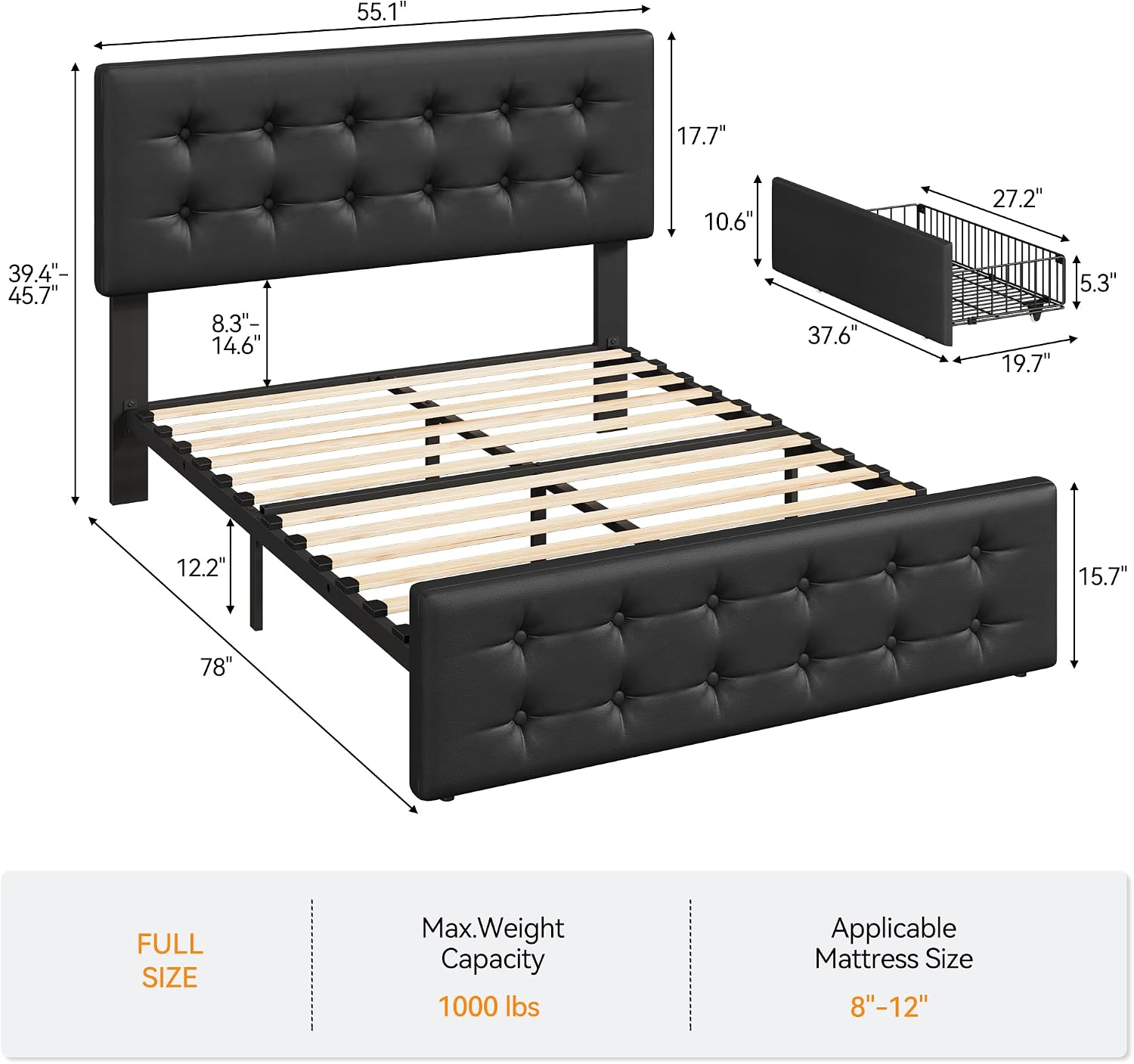GAOMON Full Size Bed Frame with 4 Storage Drawers and Headboard, Faux Leather Upholstered Platform Bed Frame with Wooden Slats Support, Button Tufted Design, No Box Spring Needed, Black