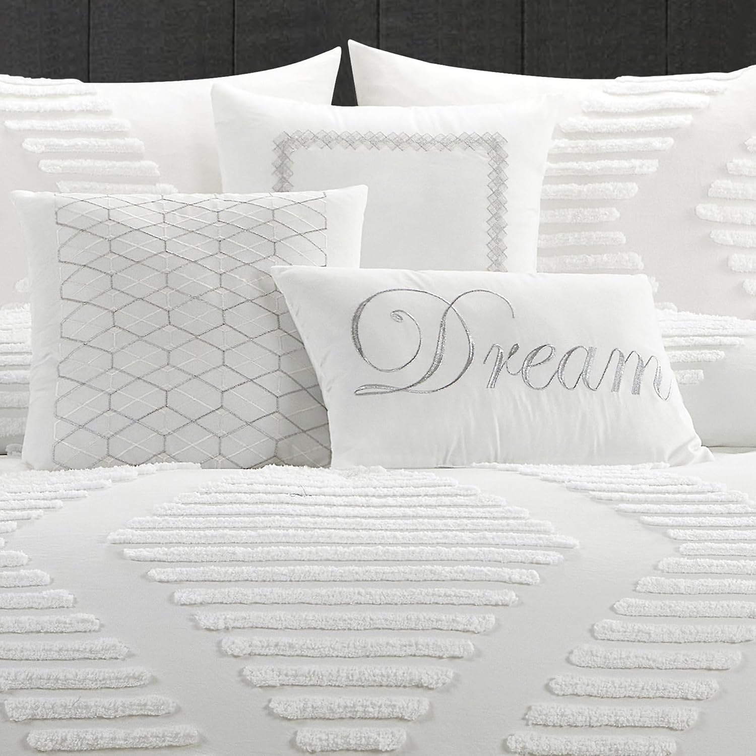 LANCO MODERN LIFESTYLE White Comforter Set 7 Piece, Queen, Tufted Embroidery Geometric, Ultimate Comfort Bedding Set for All Seasons, Bed in a Bag Included Comforter, Bedskirt, Shams and Decor Pillows