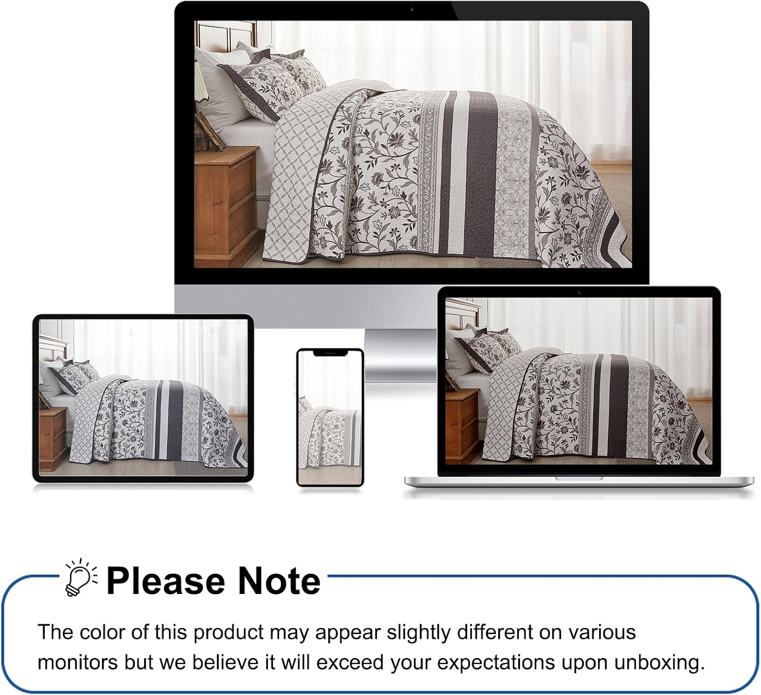 Farmhouse Oversized Bedspread Queen Size 102'x120' - 100% Cotton Lightweight Extra Large Quilt with 2 Pillowshams, Reversible Botanical Striped Pattern Bedding Coverlet, 3 Pcs, Brown/Coffee