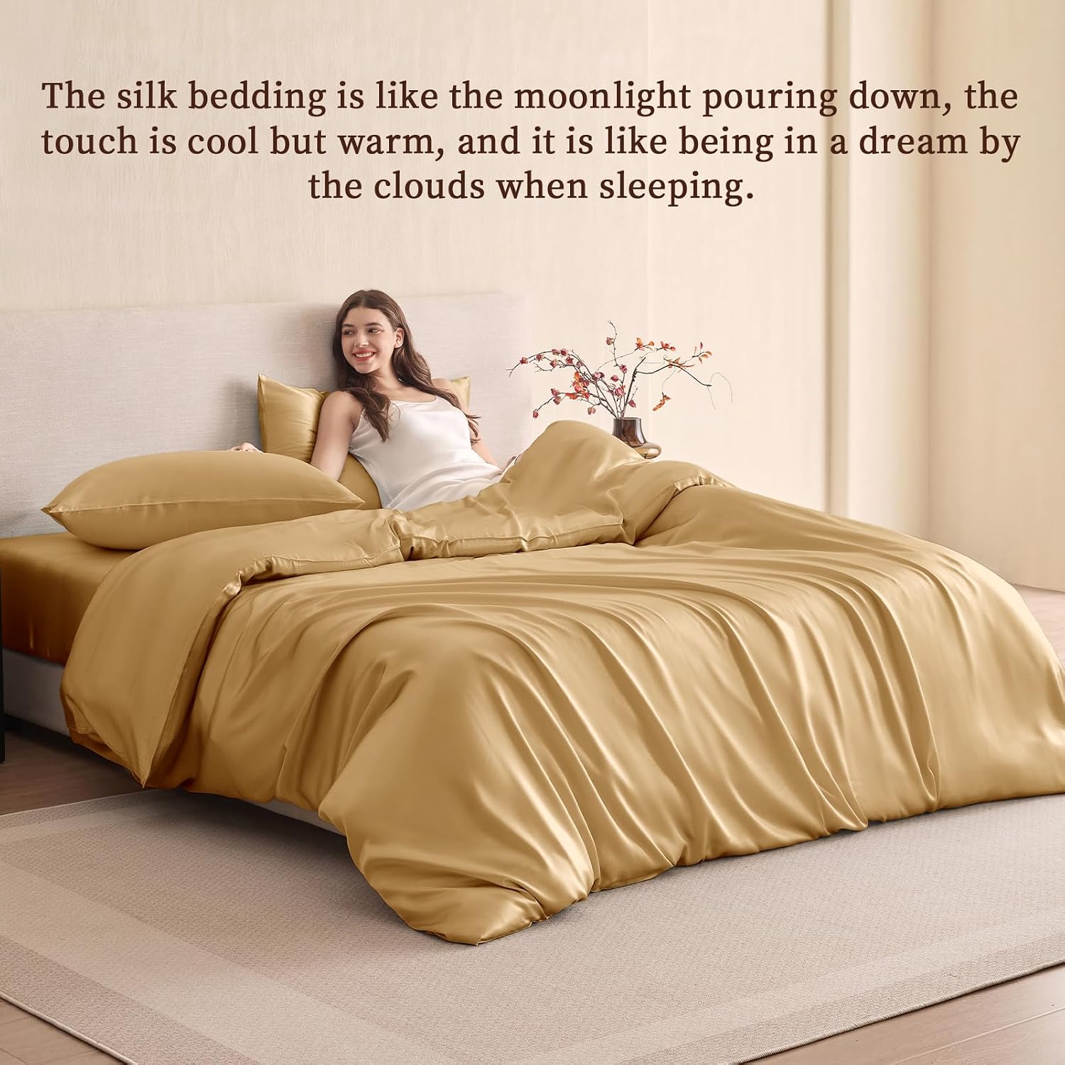 THXSILK 100% Pure Mulberry Silk Duvet Cover Set 3 Piece, 6A+ Grade Luxury Soft Bedding Silk Sheets for Hair and Skin, 1 Pcs Quilt/Comforter Cover with 2 Zippered Pillowcases (Metallic Gold, King)
