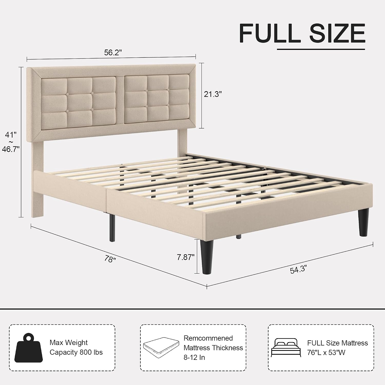 VECELO Full Size Bed Frame, Adjustable Upholstered Button Tufted Headboard, Heavy-Duty Bedframe with Wood Slats Support, No Box Spring Needed, Beige