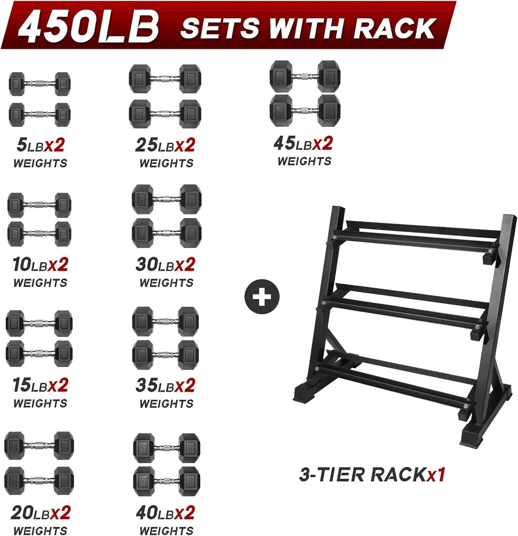 Ritfit 5-650 LBS PVC Encased Hex Dumbbell Sets with Optional Rack for Home Gym, Hand weight with Chrome Handle for Strength Training,Workouts