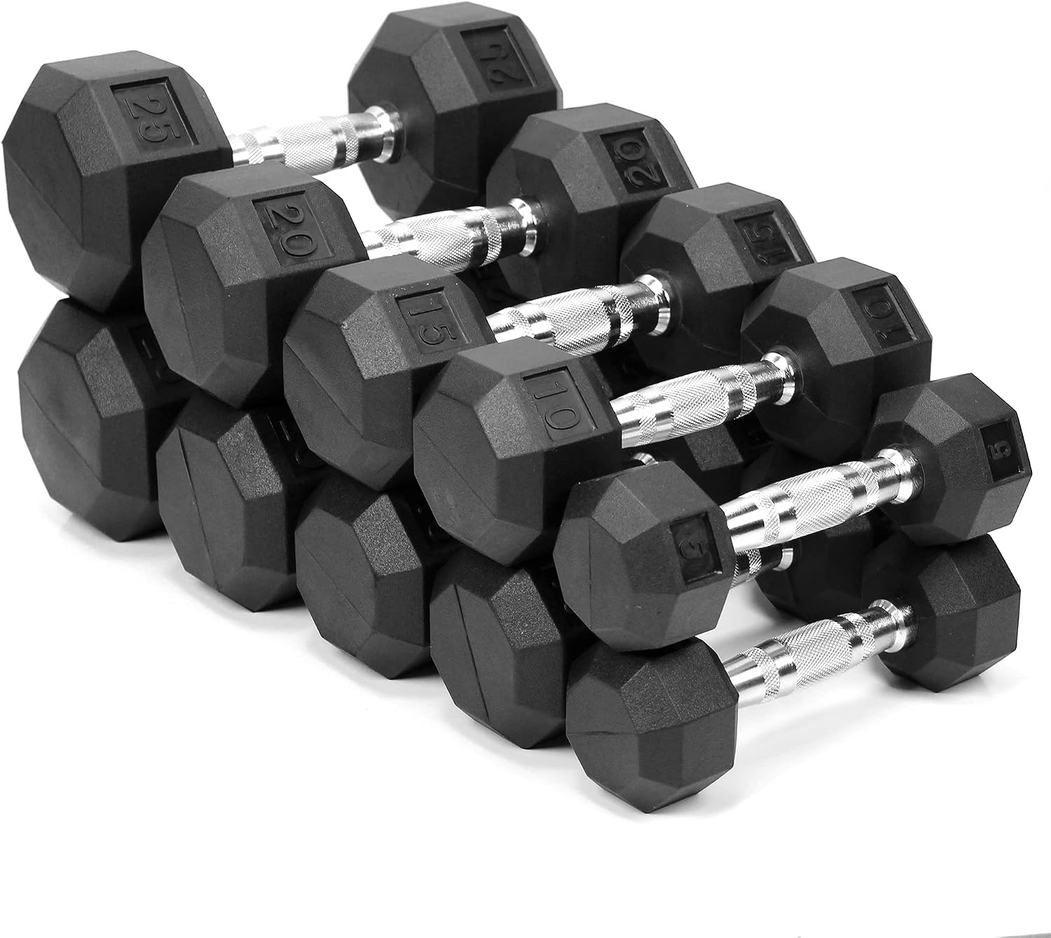 XPRT Fitness 150 lb Rubber Coated Dumbbell Set With Storage Rack (5/10/15/25/25lb Pair of Each)