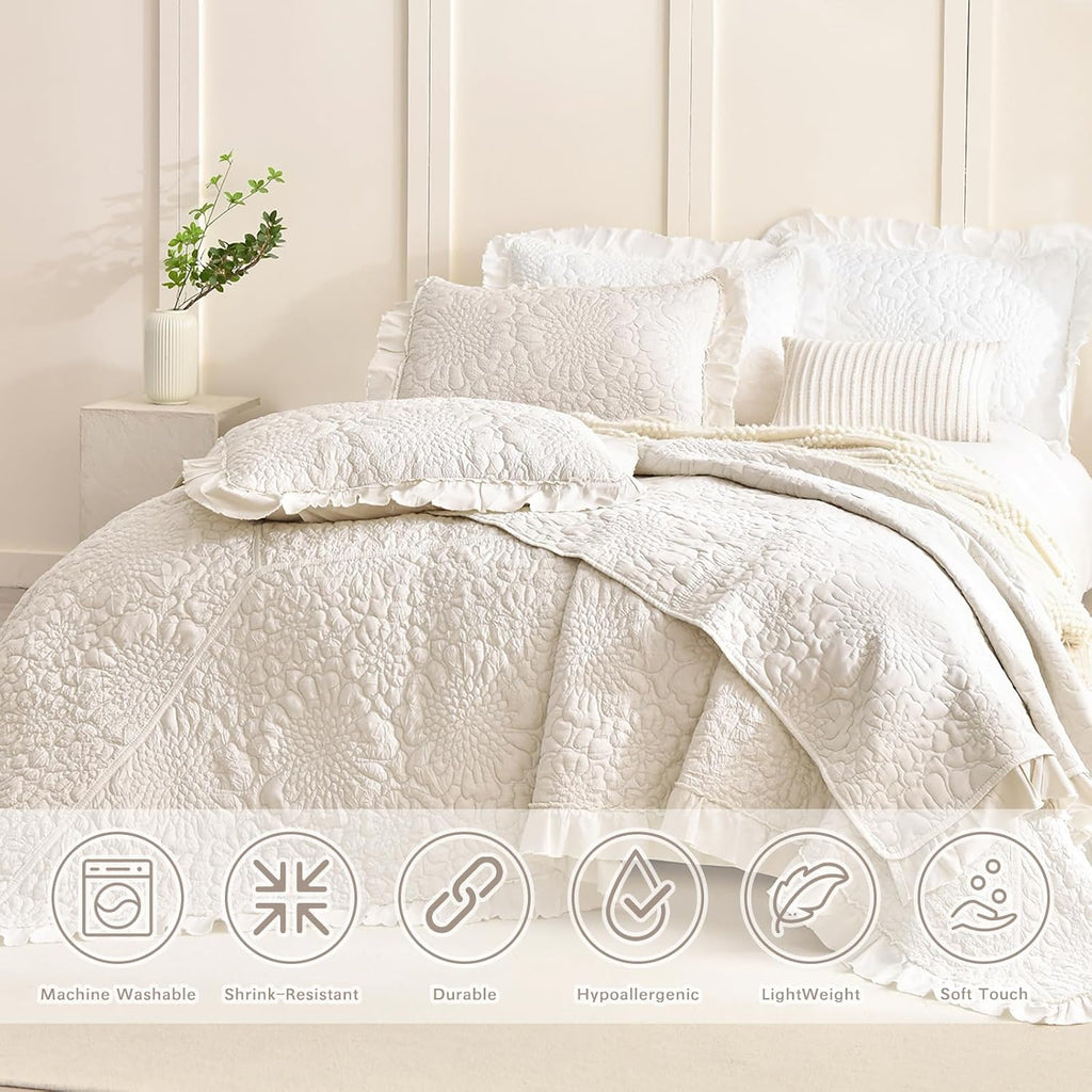 Lady Ann Wheat Quilt Sets Queen 102x118,Stone-Washed Lightweight Ruffle Coverlet, 3Pcs Quilted Crinkled Shabby Bedspread Set Farmhouse Rustic Bedding Set for All Season