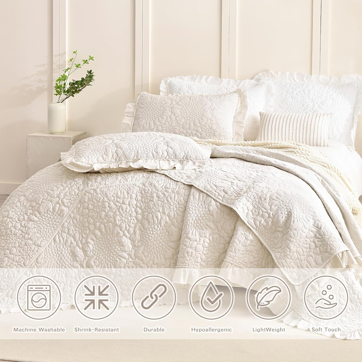 Lady Ann Wheat Quilt Sets Queen 102x118,Stone-Washed Lightweight Ruffle Coverlet, 3Pcs Quilted Crinkled Shabby Bedspread Set Farmhouse Rustic Bedding Set for All Season