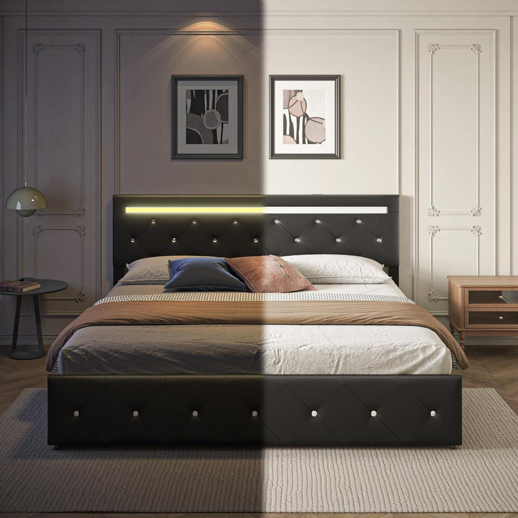 Bed Frame Full Size with Storage Drawers and LED Light, 2 Sockets and 2 USB Ports, Adjustable Headboard with PU Leather Upholstered, No Box Spring Needed, Wooden Slats Support, Black.