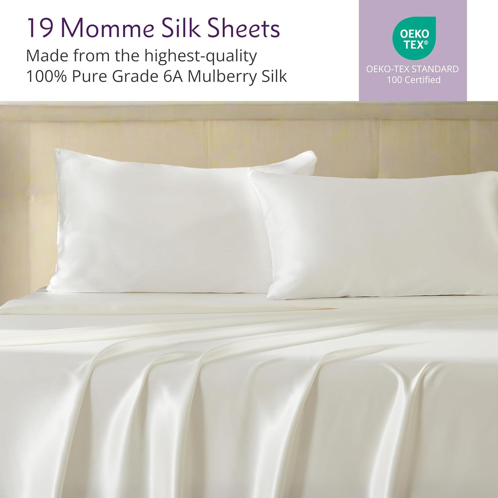Mulberry Park 100% Pure Mulberry Silk 4-Piece Sheet Set - 19 Momme, Grade 6A - Oeko-TEX Certified - Ivory, Queen