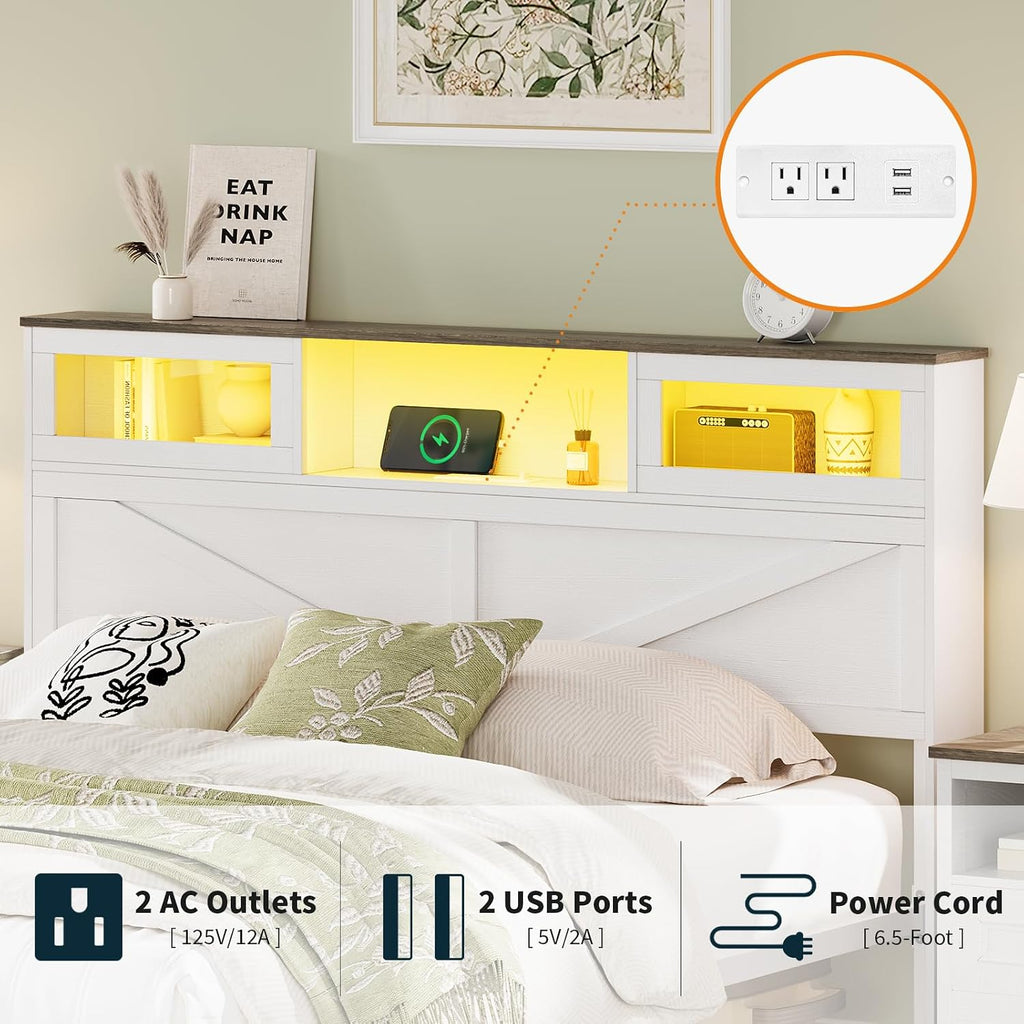 Yoobure Queen Bed Frame with Headboard, Bed Frame Queen Size with Charging Station, LED Beds with 2 Storage Drawers, Wood Farmhouse Bedframe Queen-Size, Noise-Free and No Box Spring Needed