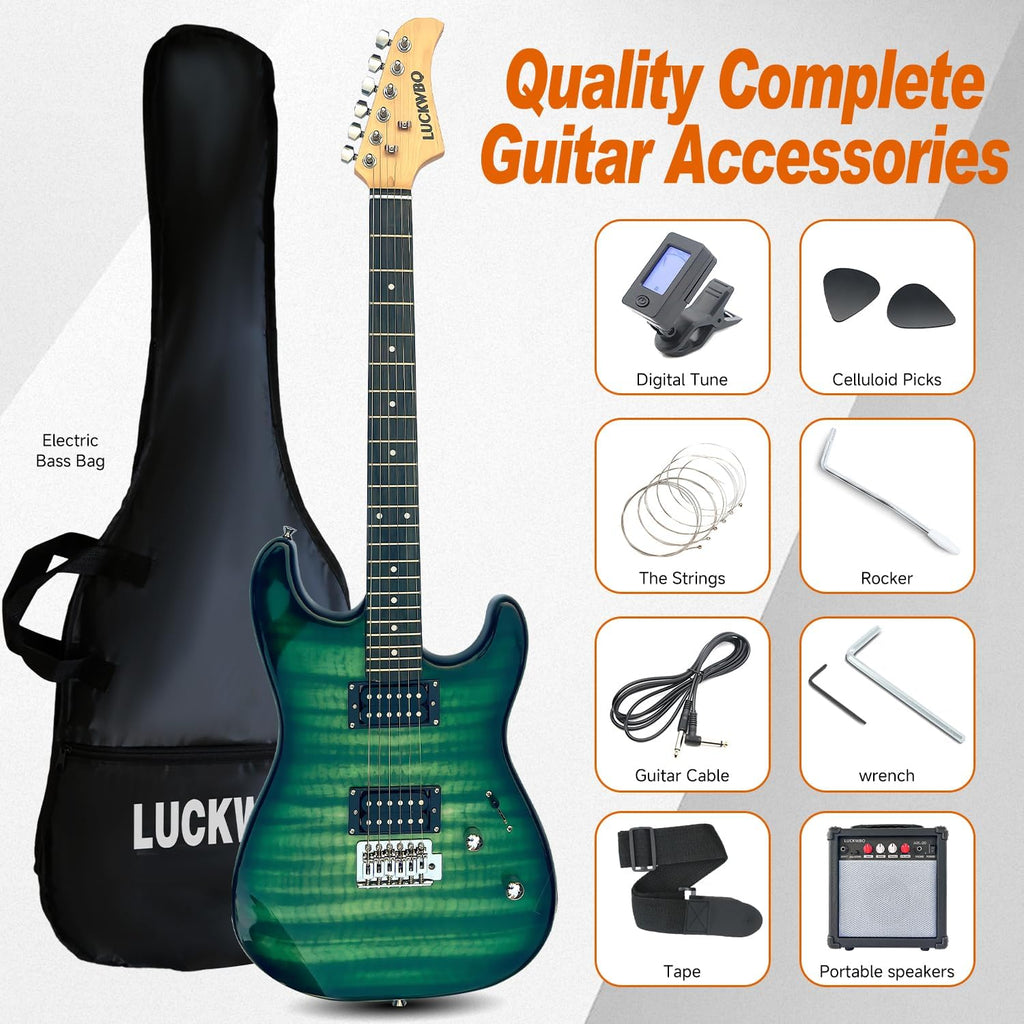 39' Full Size ST Style Electric Guitar Starter Kit with HH Pickup, 20W Portable Amp, Tuner, Gig Bag, Strap & Accessories(Green Flame)