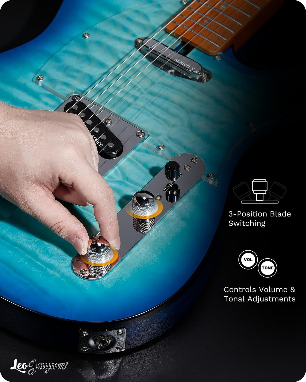 Leo Jaymz TL Electric Guitar - Ocean Maple Top, Mahogany Body, Maple Neck - Alnico V Pickups, Locking Tuners- Solid Choice for Beginners & Intermediate Players (Blue Ocean)