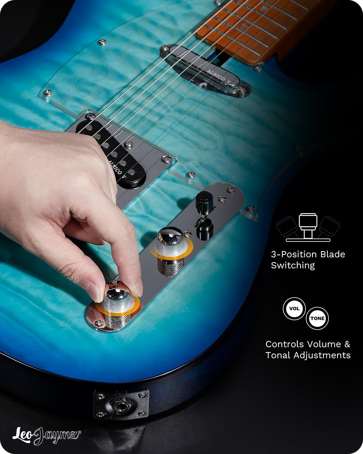 Leo Jaymz TL Electric Guitar - Ocean Maple Top, Mahogany Body, Maple Neck - Alnico V Pickups, Locking Tuners- Solid Choice for Beginners & Intermediate Players (Blue Ocean)