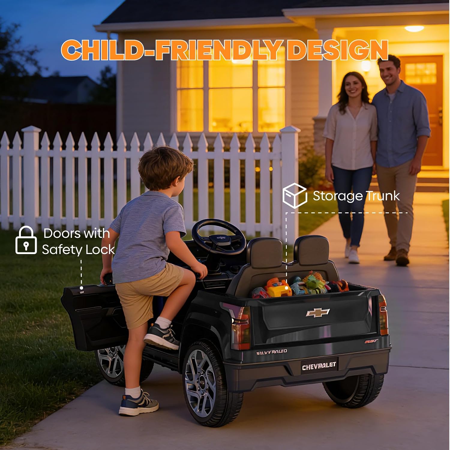 24V Licensed Chevrolet Silverado Electric Car for Kids, Ride on Toys for Toddlers with Remote Control, Soft Start, LED Lights, Music Player, Seat Belts, Easy to Assemble, Black