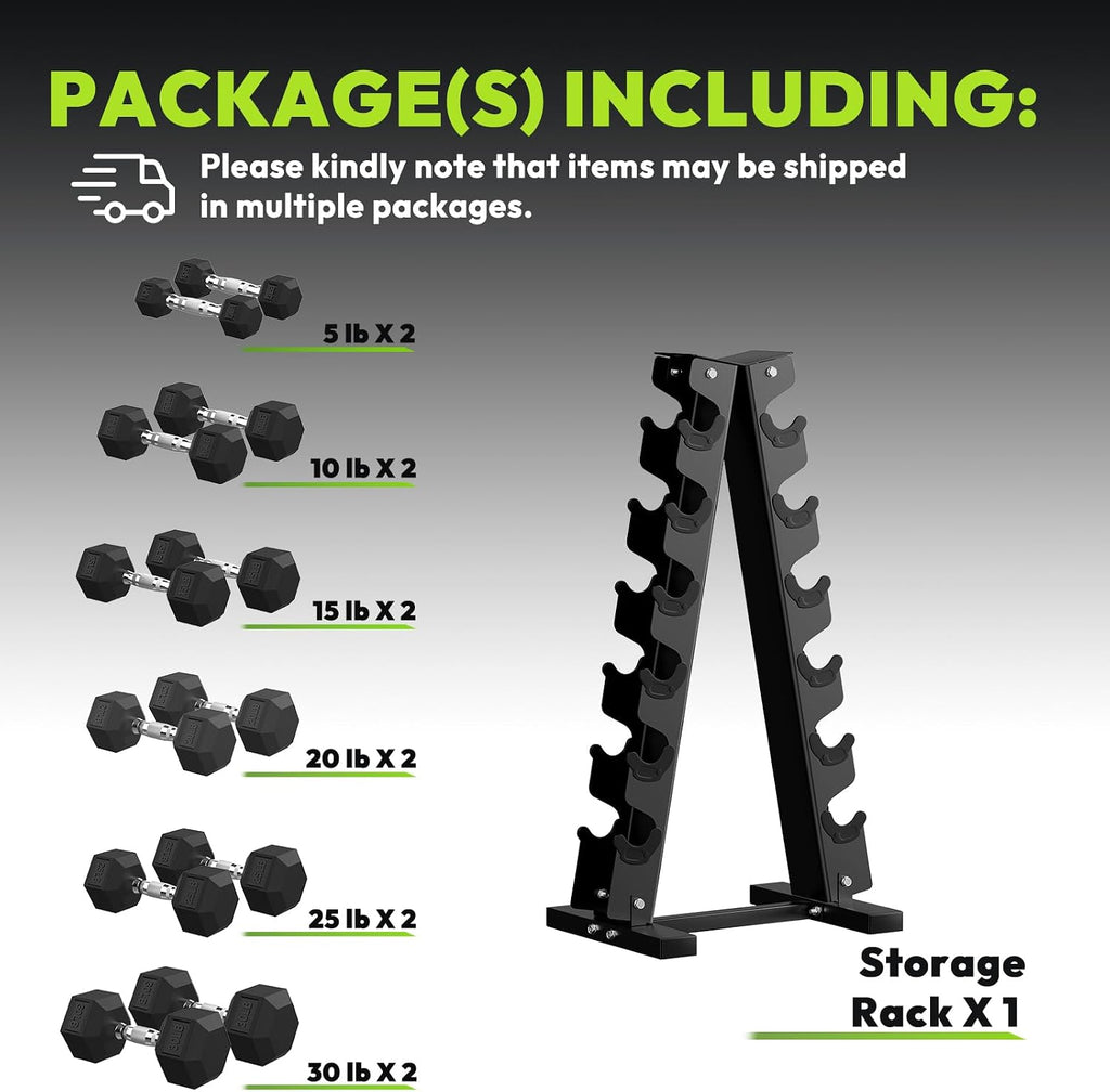 HANDBODE Rubber Coated Hex Dumbbell Set with A-Frame Rack, 100 lb - 550 lb Multiple Options Weight, Hexagon Non-Rolling Shape, Ergonomic Knurled Handle, Home Gym Equipment for Strength Training