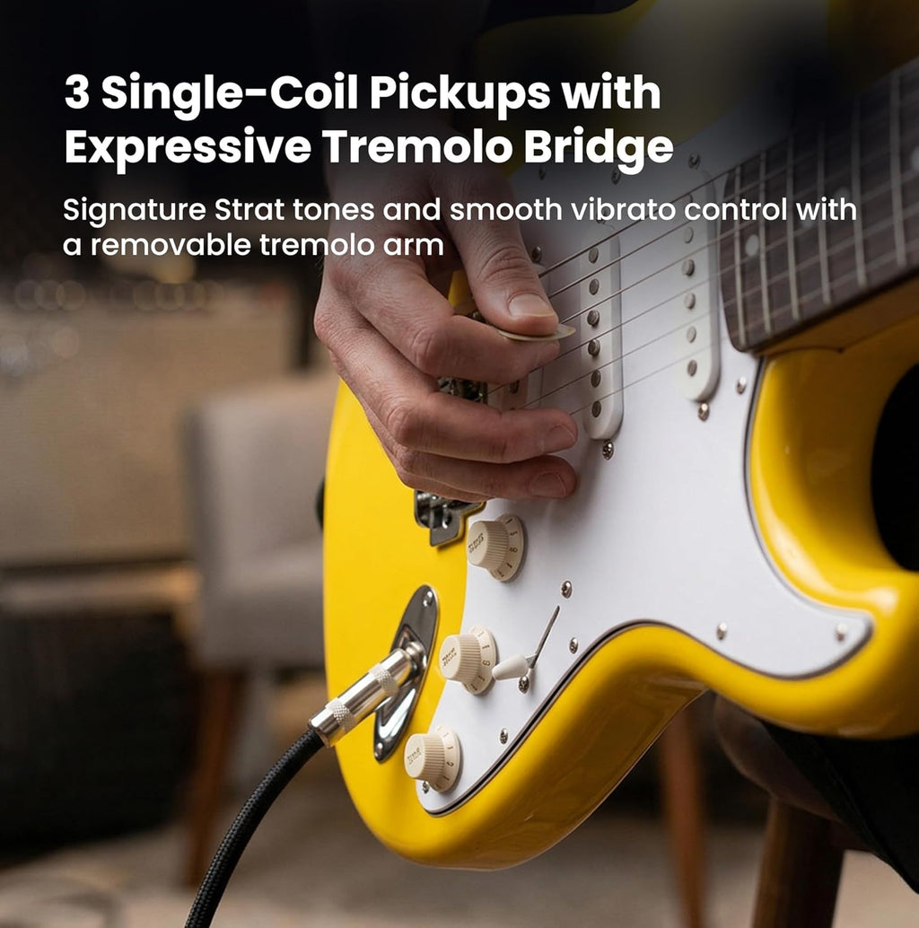 Fender Squier Stratocaster - Graffiti Yellow Bundle with Amplifier, Gig Bag, Instrument Cable, Strap, Picks, and Austin Bazaar Instructional DVD