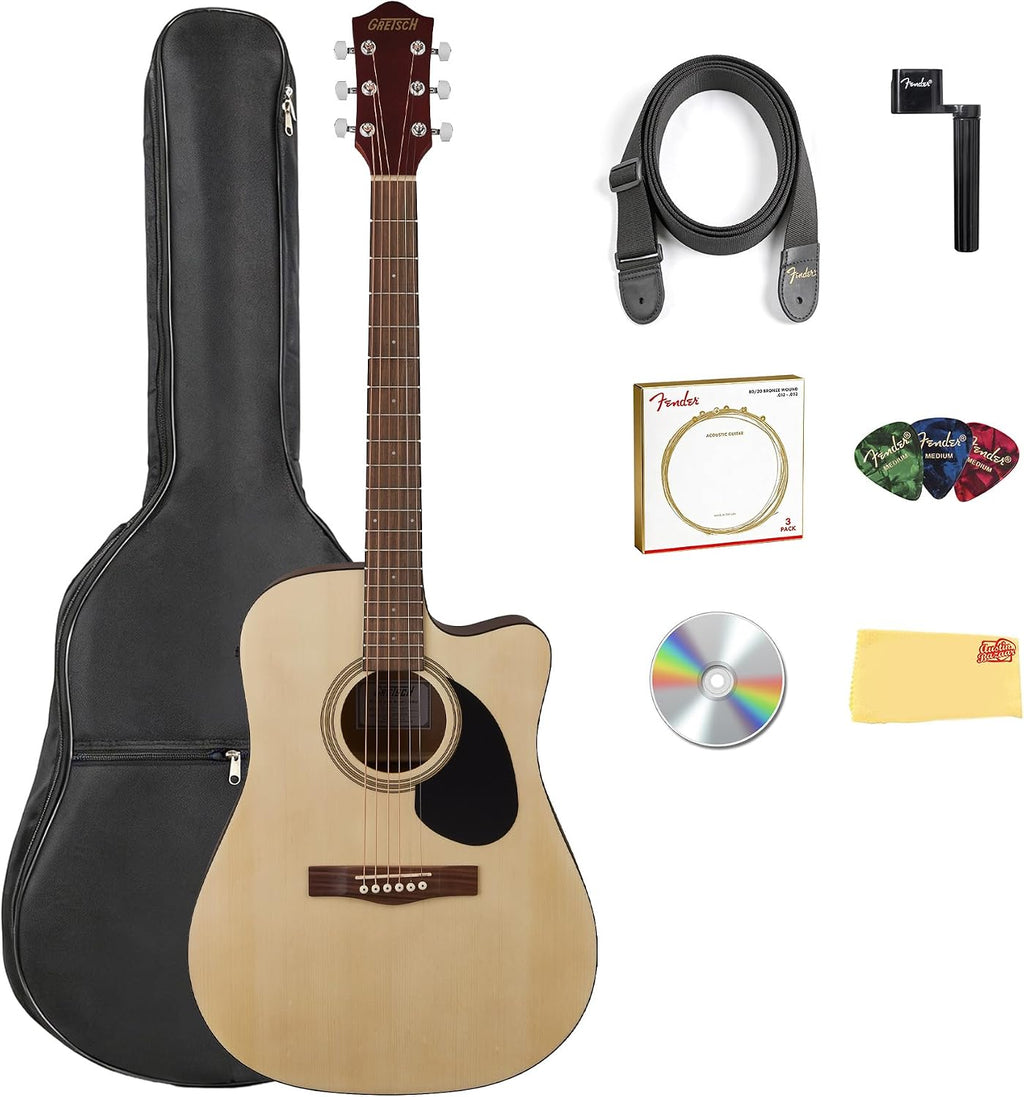 Gretsch Prelude D100CE Dreadnought Cutaway Acoustic-Electric Guitar - Natural Bundle with Gig Bag, Strap, Strings, String Winder, Picks, Austin Bazaar Instructional DVD, and Polishing Cloth