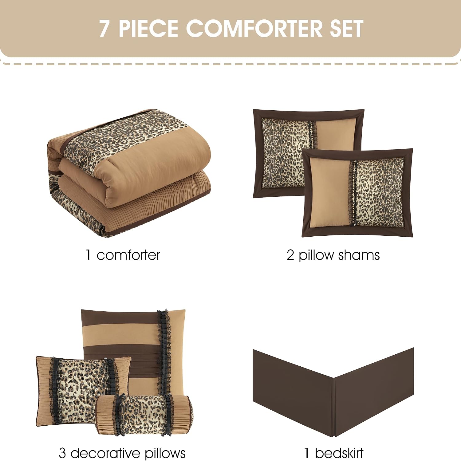 Grand Avenue Brown/Taupe Leopard Full Size Comforter Set, 7 Piece, Bedding Comforters & Sets, Pillow Shams Bedskirt, Home Decor