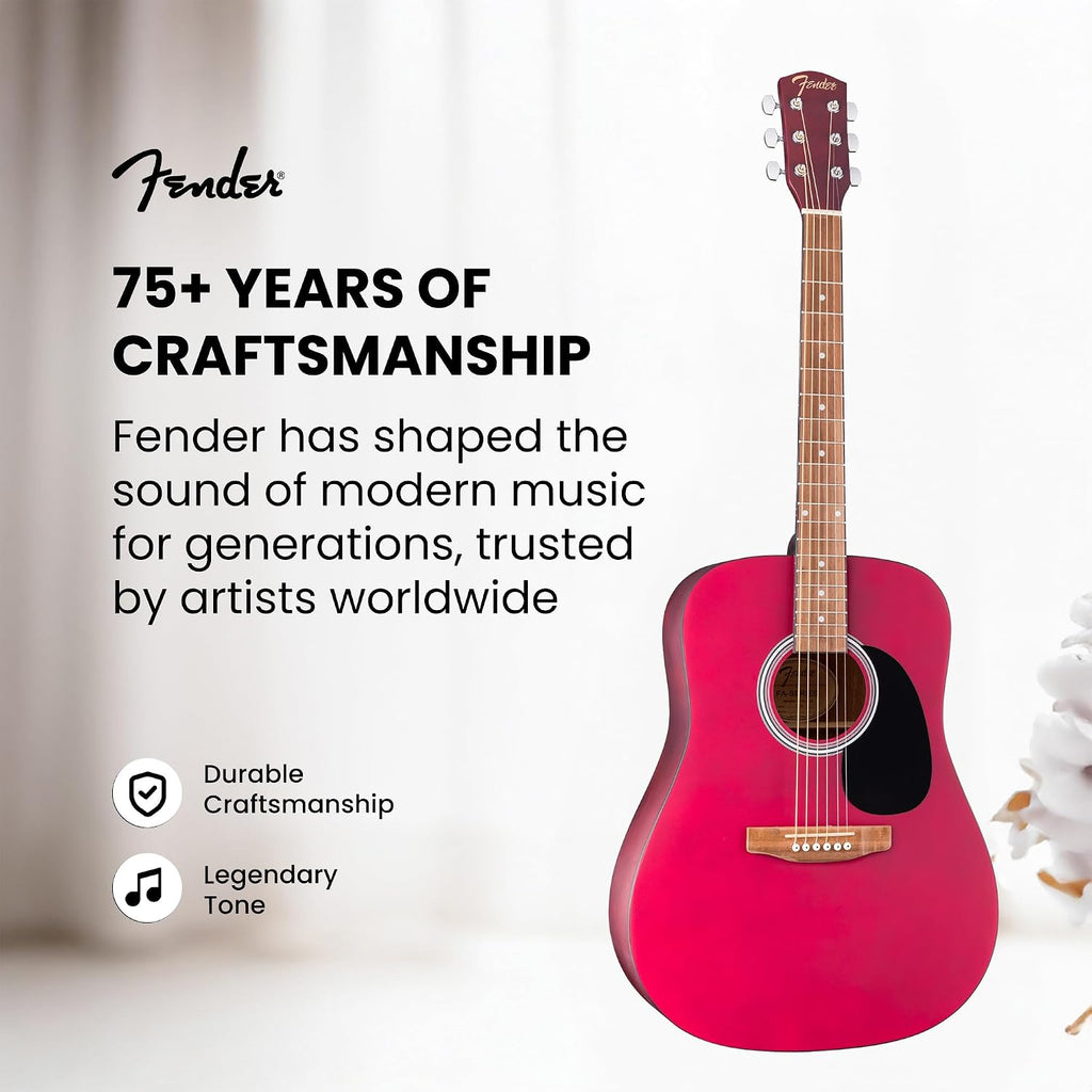 Fender FA Series Dreadnought Acoustic Guitar - Crimson Red Bundle with Gig Bag, Tuner, Strings, Picks, and Austin Bazaar Instructional DVD