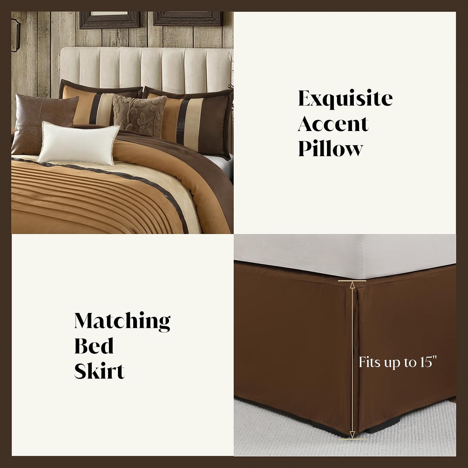 CozyDH Brown Queen Comforter Set - Luxury 7 Piece Faux Suede Bed in a Bag, Farmhouse Rustic Stripe & Pleated Pieced Design, All Season Down Alternative Bedding with Bedskirt, Shams, Decor Pillows