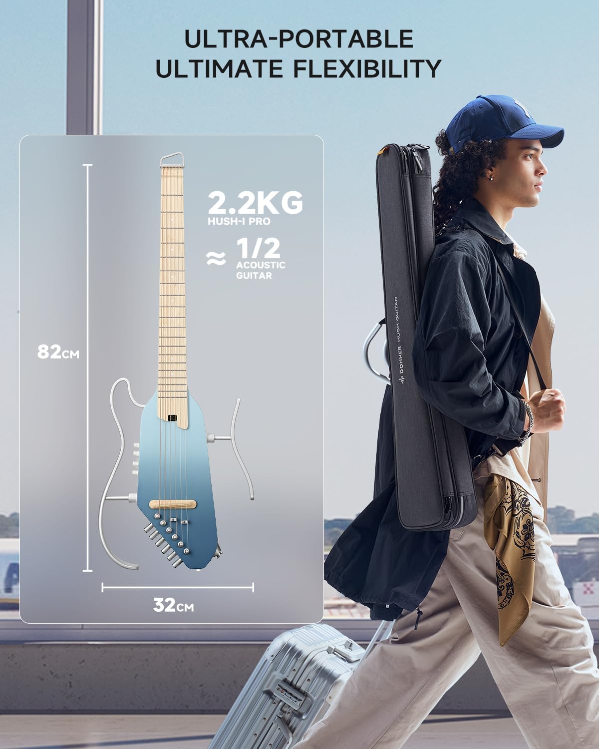 Donner Acoustic Electric Guitar HUSH I PRO Travel Guitar with Multiple Effect Modes Smart Guitarra Kit of Earphone, Gig Bag, Strap, Charging Cable, Hawaiian Blue