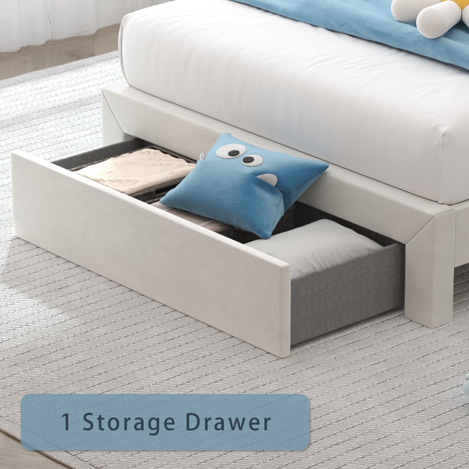 Incyneva Upholstered Twin Bed Frame with LED Headboard and Storage Drawer, Velvet Platform Bed Frame Twin Size with Charging Station, Adjustable Headboard, No Box Spring Needed, Off White
