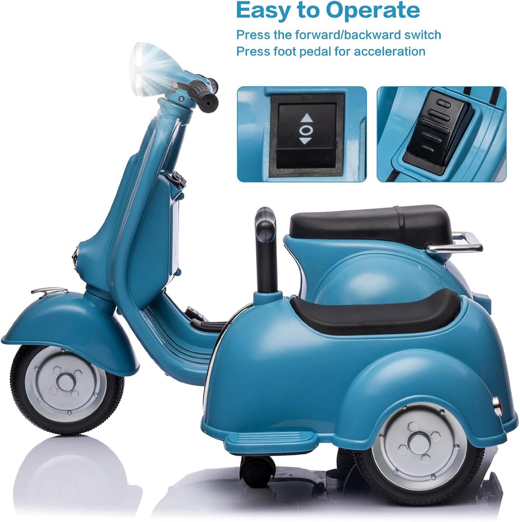 Kids Three Wheeled Motorcycle with Side Car & Speaker, Rechargeable Ride On Toy (Blue)