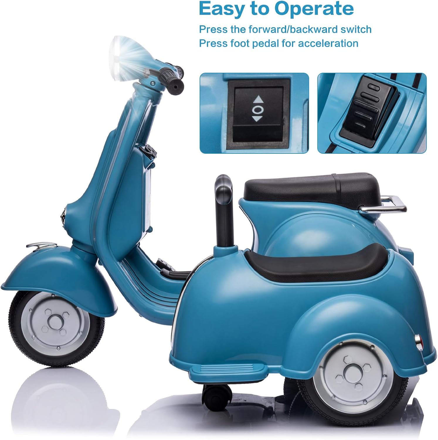 Kids Three Wheeled Motorcycle with Side Car & Speaker, Rechargeable Ride On Toy (Blue)