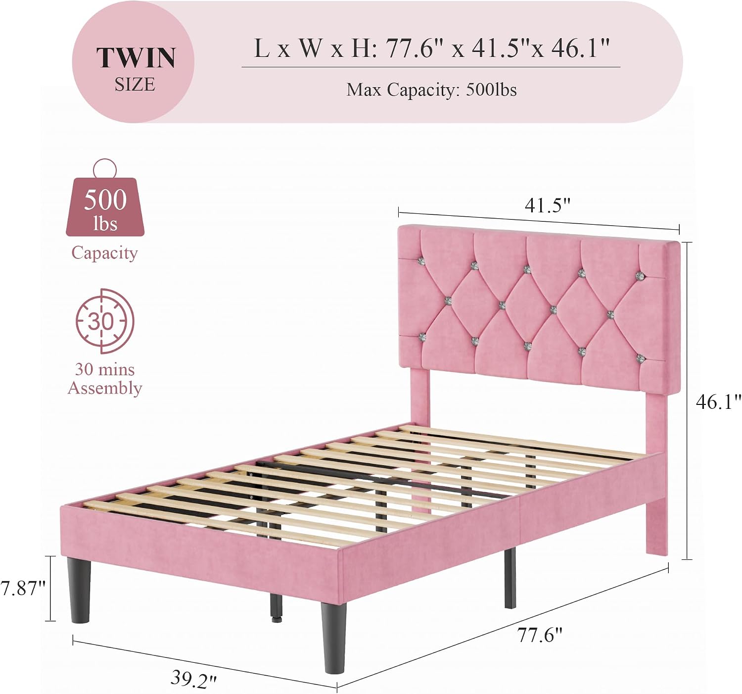 VECELO Twin Size Bed Frame with Diamond Tufted Headboard, Upholstered Platform Bedframe with Wood Slat Support, No Box Spring Needed, Mauve Pink