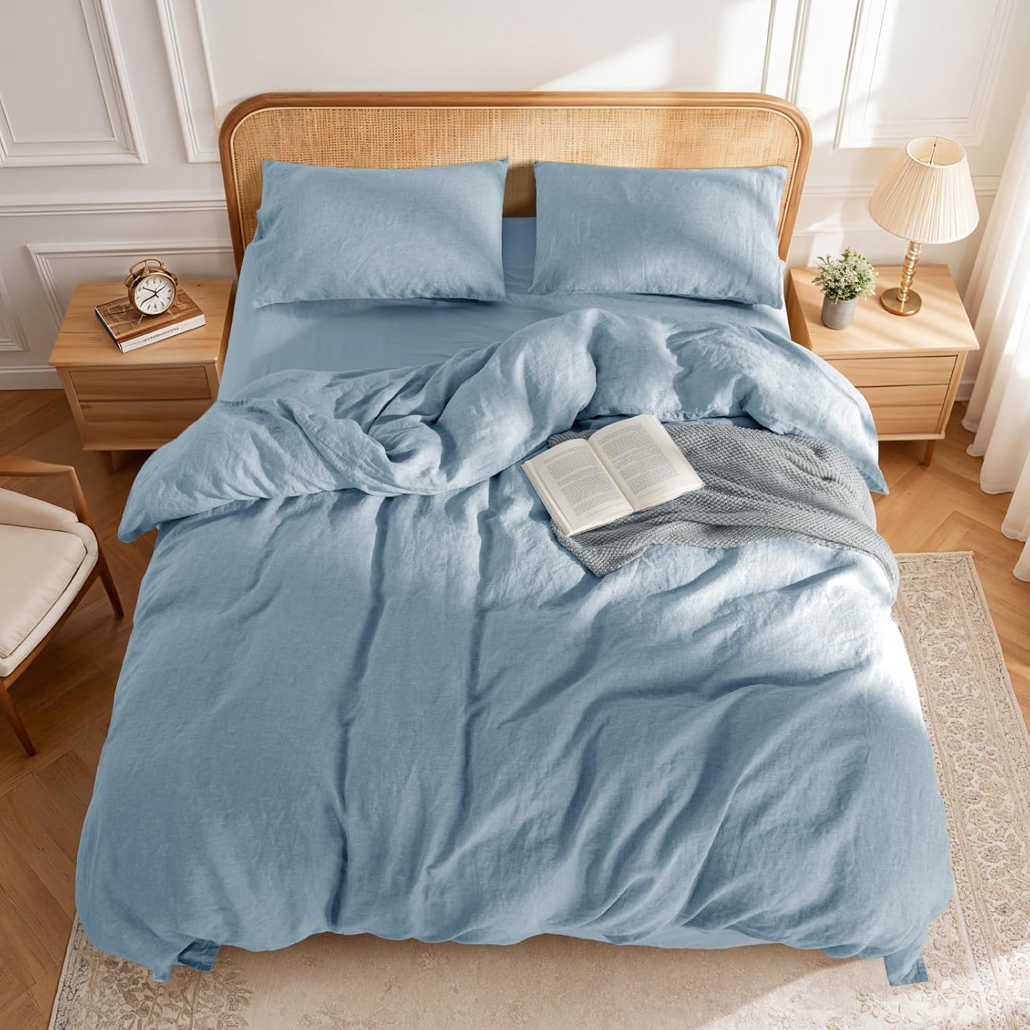 LBRO2M 100% France Linen Duvet Cover Set 3 Pcs Including 1 Flax Comforter Cover with Zipper Closure, 2 Pillowcase, Cozy Duvet Cover California King Size, Dusty Blue