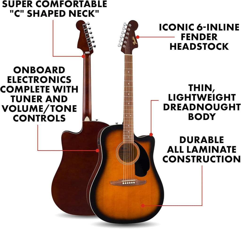 Fender California Debut Redondo CE Series Acoustic Guitar, Beginner Guitar, 2-Year Warranty, Includes Built-In Tuner, 2-Tone Sunburst