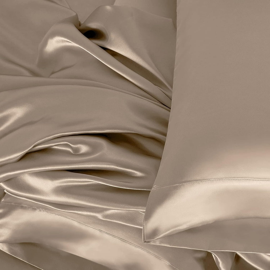 Mulberry Silk 6A Graded (25 Momme) Solid Sheet Set | Queen(60' X 80') Taupe |Comfy&Cozy Set Upto 18'(inch) Deep Pockets with Elastic Bounded 4 Piece Set | Oeko-Tex Standard