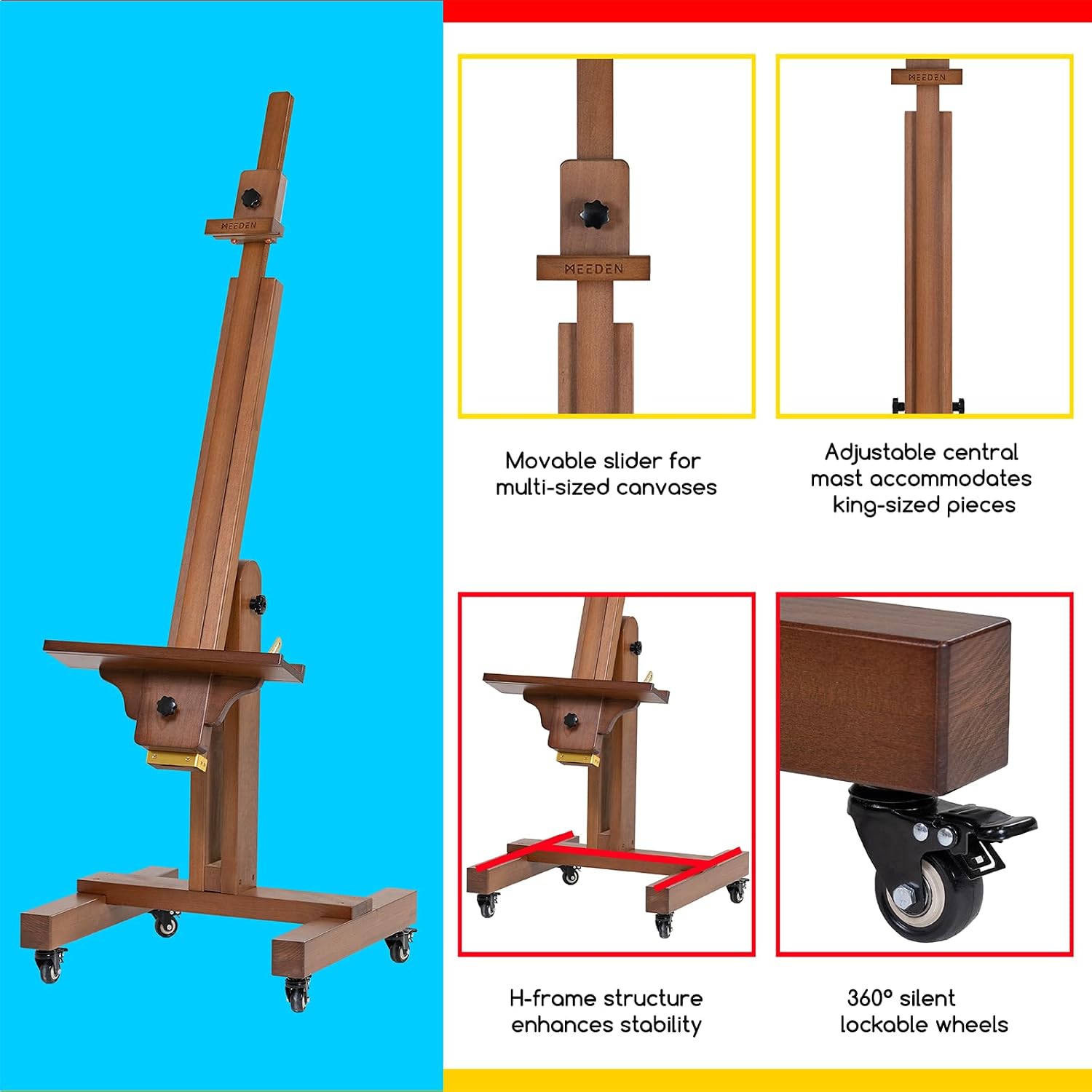 MEEDEN Extra Large Painting Easel: Solid Beech Wood Artist Studio Easel - Professional Art Easel Stand for Adults - Adjustable Movable Tilting Easels for Canvas up to 71'