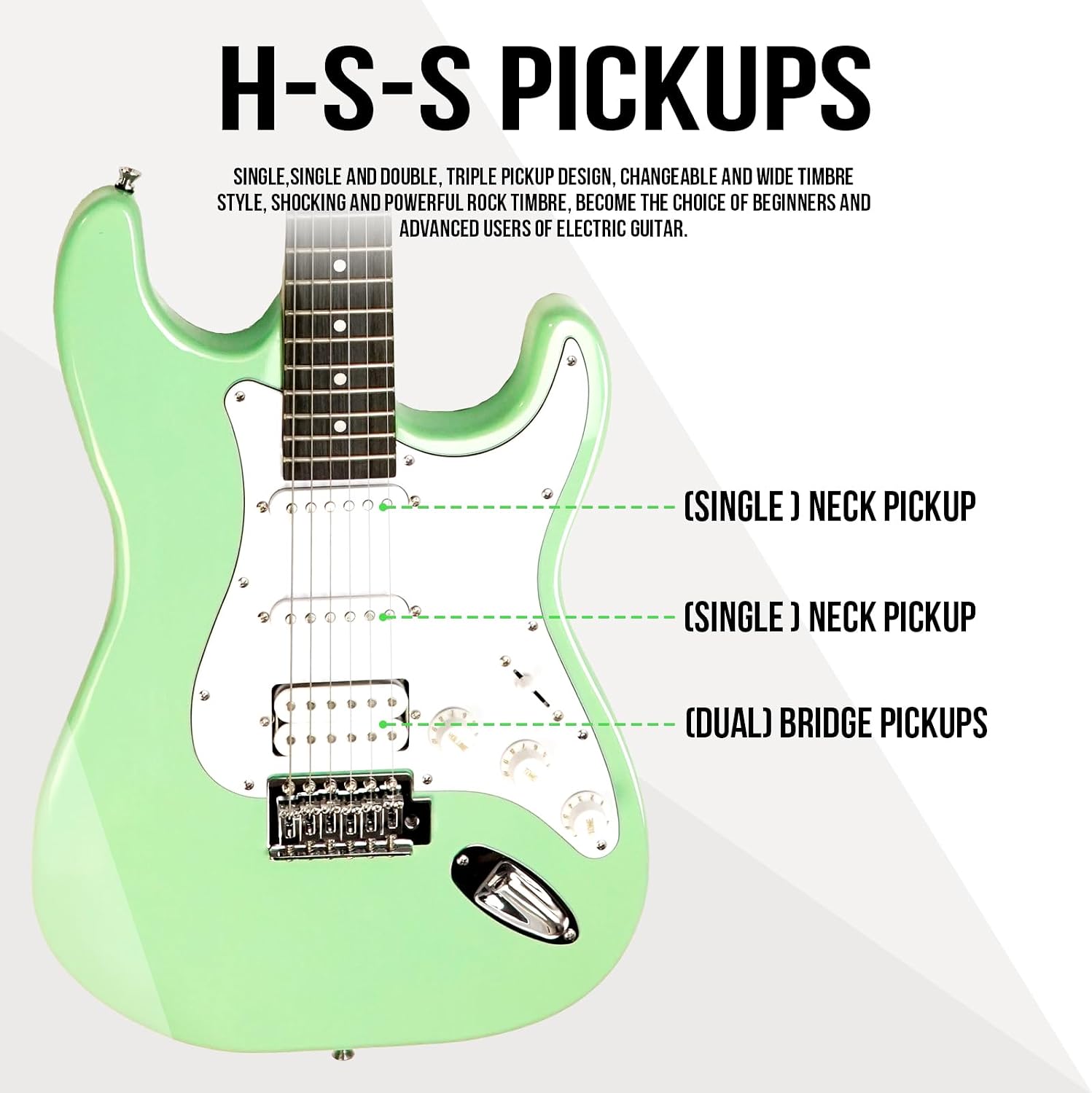 Soulmate Electric Guitar Kit, 39' Beginner Electric Guitar Solid Body Full Size HSS Pick Up for Starter, with Amplifier, Bag, Capo, Strap, String,Cable, Picks, Green