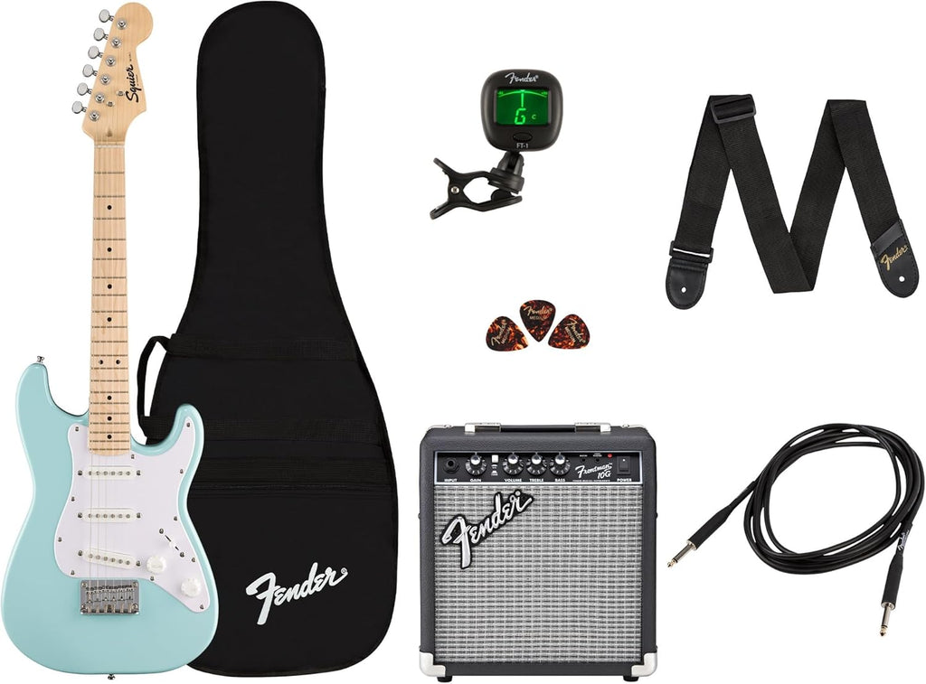 Fender Mini Stratocaster Electric Guitar Kit, Beginner Guitar Kit, with 2-Year Warranty, with Frontman 10G Amp, Padded Gig Bag, Strap, Cable, Tuner, and Picks, Daphne Blue