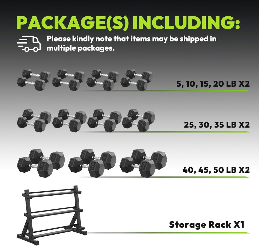 HANDBODE Hex Dumbbell Set with Rack, 300-840 lb Rubber Coated Fixed Weights Sets with Heavy Duty Storage Stand, Hexagon Shape, Multiple Weight Options Home Gym Equipment for Strength Training