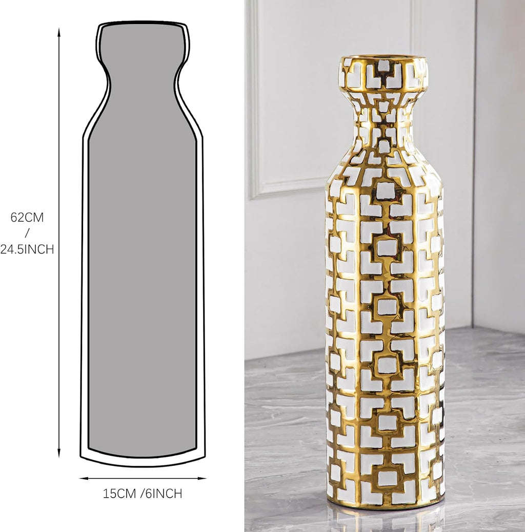 Pair of 24.4' Tall Ceramic Cylinder Vases with Geometric Gold Accents, Large Flower Vase, Decorative Vase - Modern White & Gold Floor Vases for Living Room, Entryway Decor (Set of 2)