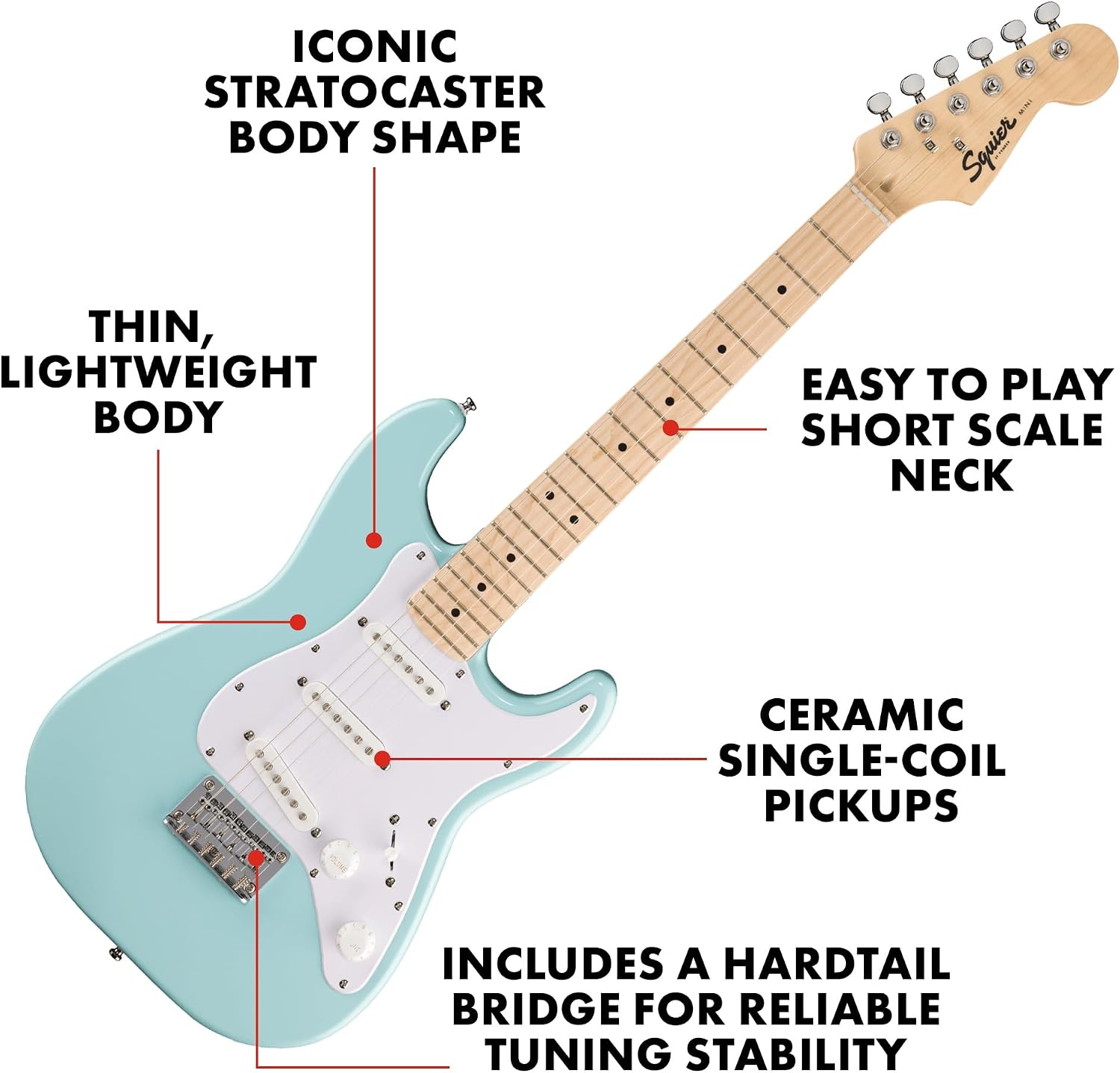 Fender Mini Stratocaster Electric Guitar Kit, Beginner Guitar Kit, with 2-Year Warranty, with Frontman 10G Amp, Padded Gig Bag, Strap, Cable, Tuner, and Picks, Daphne Blue